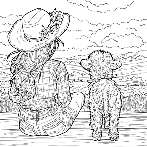 Girl and Lamb Enjoying Pastoral Scenery