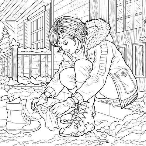 Girl Cleaning Shoes in Front of the Door in Winter