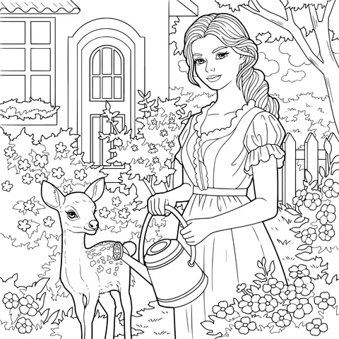 Girl watering flowers in the garden with a fawn by her side