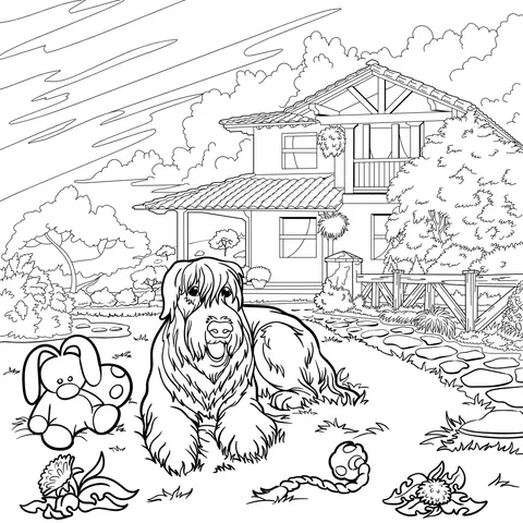 Black Dog and Toys in the Courtyard