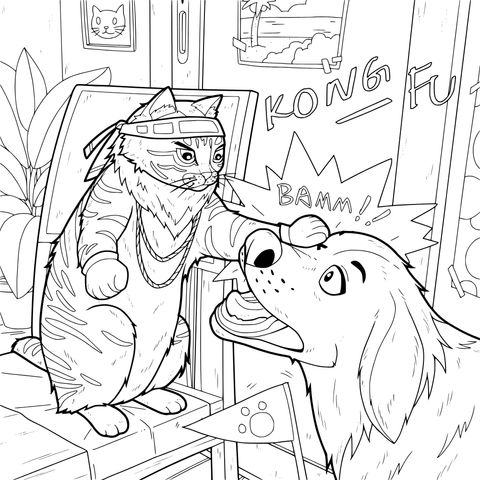 Kung Fu Cat Interacting with Dog Coloring Page