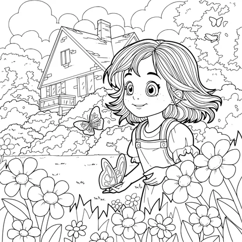 Girl accompanied by butterflies in the garden