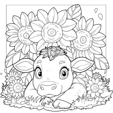 Calf beside Sunflowers