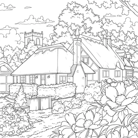 Rustic Cottage and Beautiful Flower Scenery