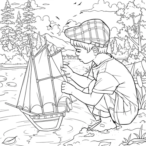 Boy playing with a paper - boat by the river