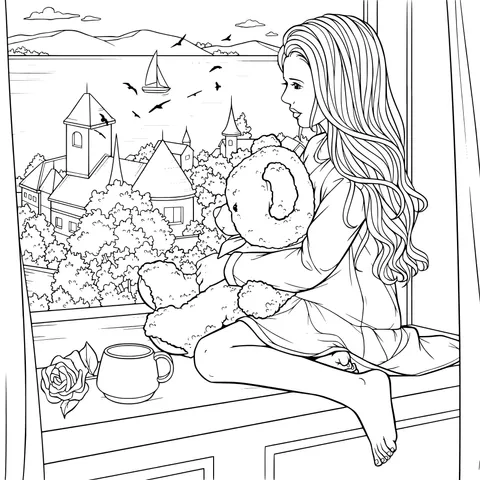 Girl with teddy bear gazing by the window