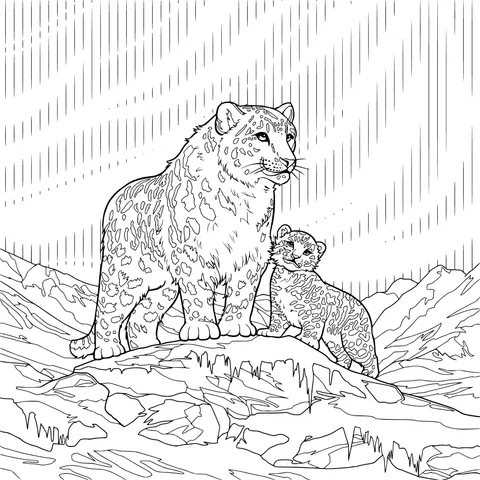 Snow Leopard Mother and Cub under the Northern Lights