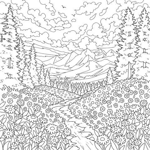 Beautiful Scenery of a Flower - lined Path in the Mountains