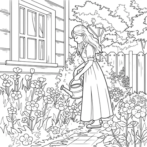 Woman Watering Flowers in the Garden