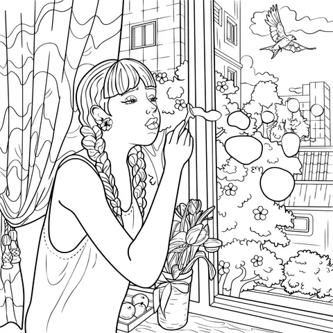Girl Blowing Bubbles by the Window