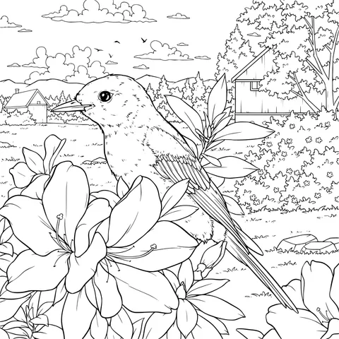 Bird among Flowers and Rural Scenery
