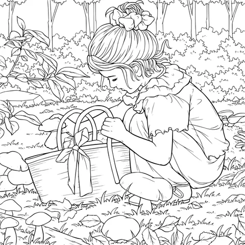 Girl Picking Mushrooms in the Forest
