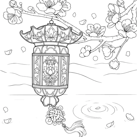 Chinese - style Lantern and Blooming Flowers