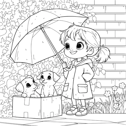 Girl and Puppies in the Rain