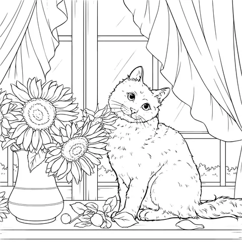 Cat and Sunflowers by the Window