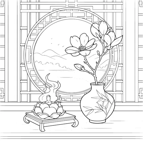 Elegant Scene in Front of a Chinese - style Window