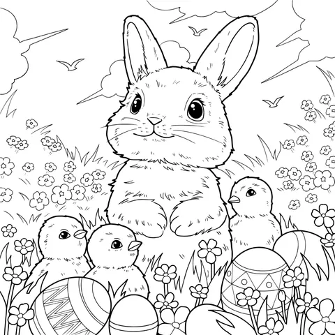 Adorable Bunny and Chicks in Spring