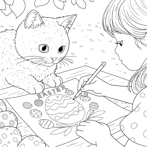 Girl and Cat Drawing Easter Eggs Together