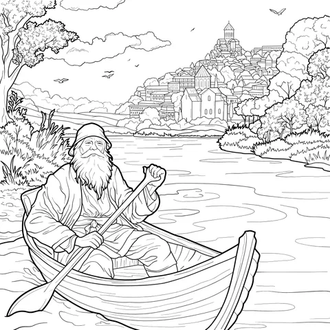 Old Man Rowing a Boat by the River
