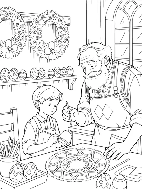 Grandfather and Grandson Painting Easter Eggs