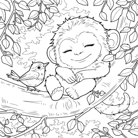 The Cozy Moment of a Little Monkey and a Bird