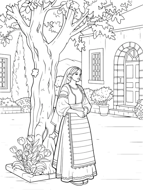 Woman in Traditional Costume under the Tree