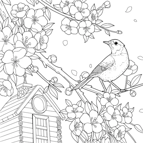 Bird on a Flower - laden Branch