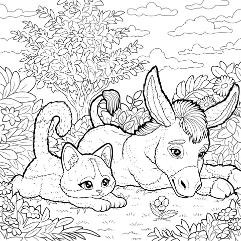 A Cozy Moment of a Kitten and a Donkey