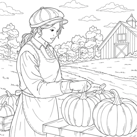 Farmer Woman and Pumpkins