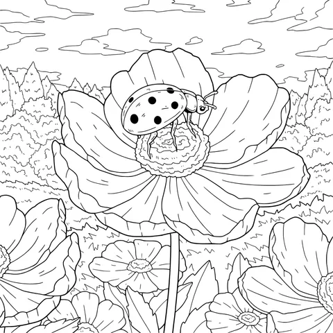 Ladybug and Blooming Flowers