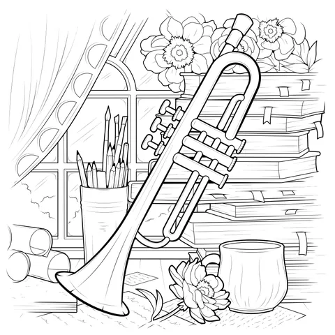 Musical Instrument and Books by the Window