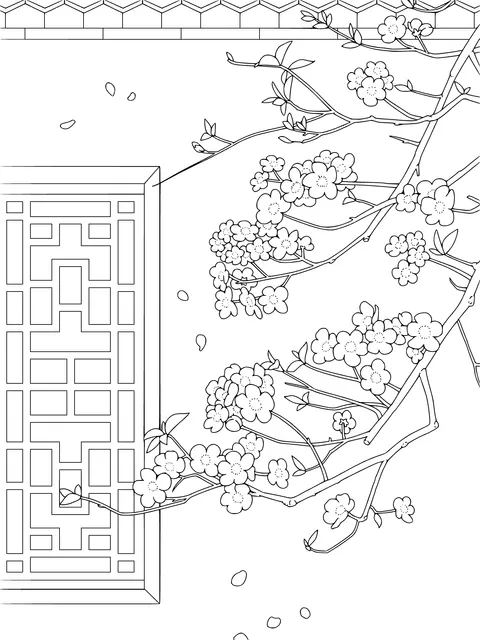 Chinese - style Window View and Blooming Flowers