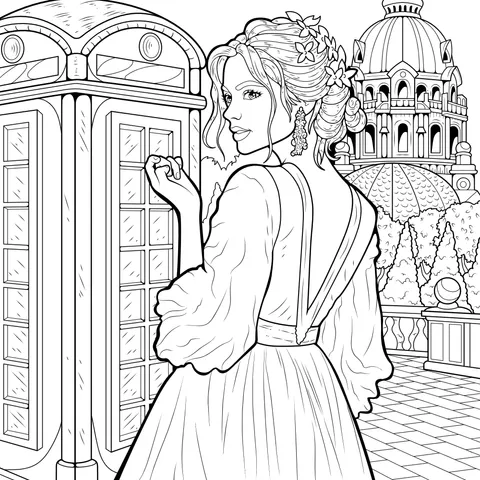 Elegant Lady beside the Retro Phone Booth