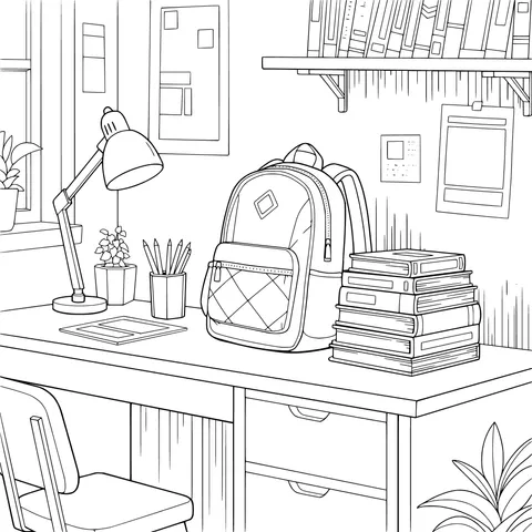 Backpack and Books on the Desk