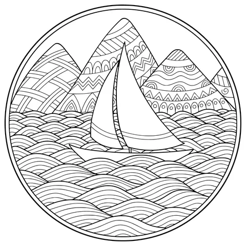 Sailboat, Mountains and Sea Scene