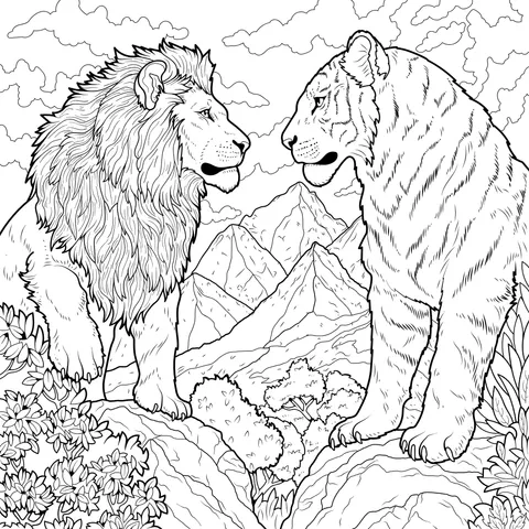 Lion and Tiger Facing Each Other