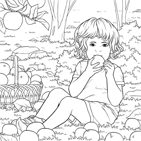Girl enjoying an apple in the orchard