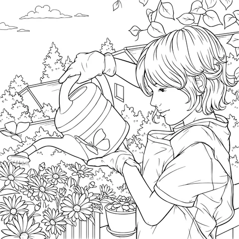 Girl Watering Flowers Scene