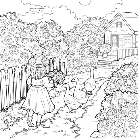 Girl and Geese in the Countryside
