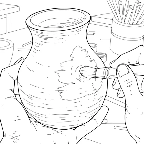 Moment of Painting a Clay Pot