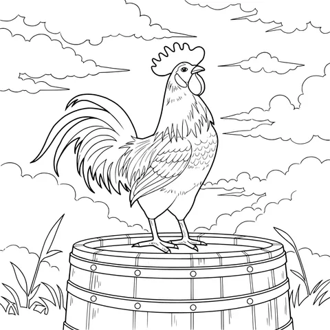 Rooster Standing on a Wooden Barrel