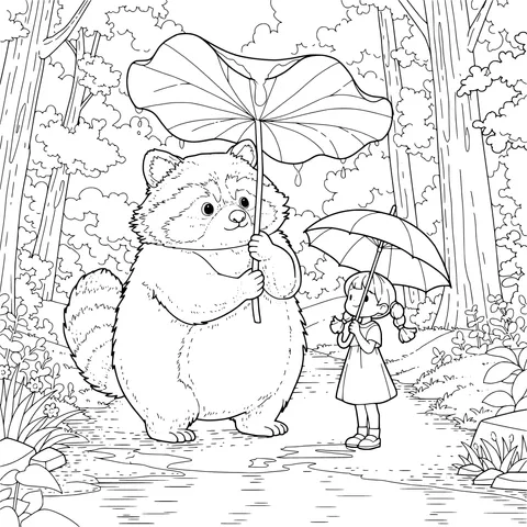 A Little Girl's Rainy - day Adventure with a Raccoon