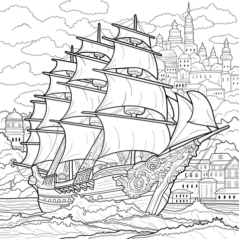 Sailing Ship and Town Landscape