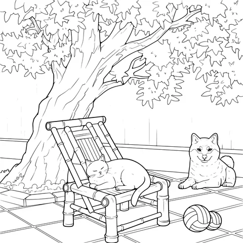Cat and Dog Resting Under the Tree