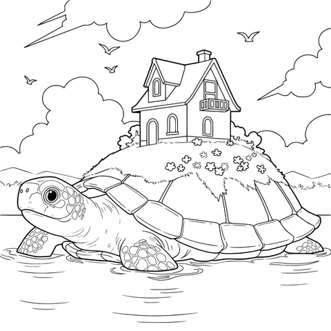 A Magical Scene of a Sea - turtle Carrying a Cottage