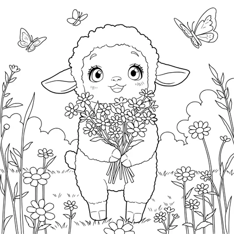 Little Sheep Holding a Bouquet of Flowers