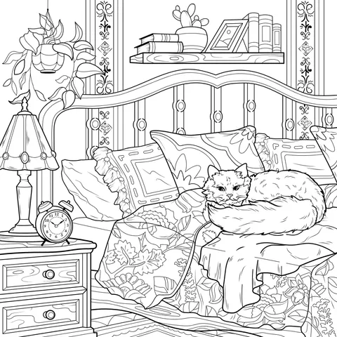 Cozy Bedroom with a Sleeping Cat