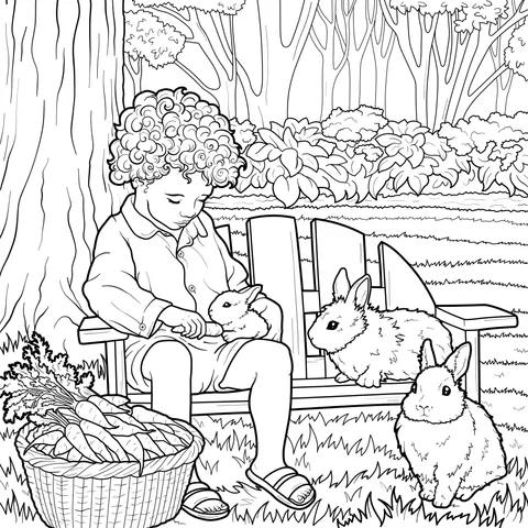 Warm Scene of a Boy and Rabbits