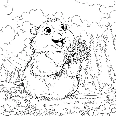 Cute Marmot Holding Flowers