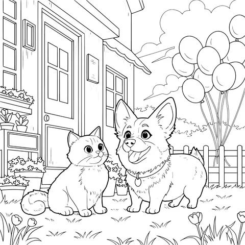 Happy Cats and Dogs in Front of the Door